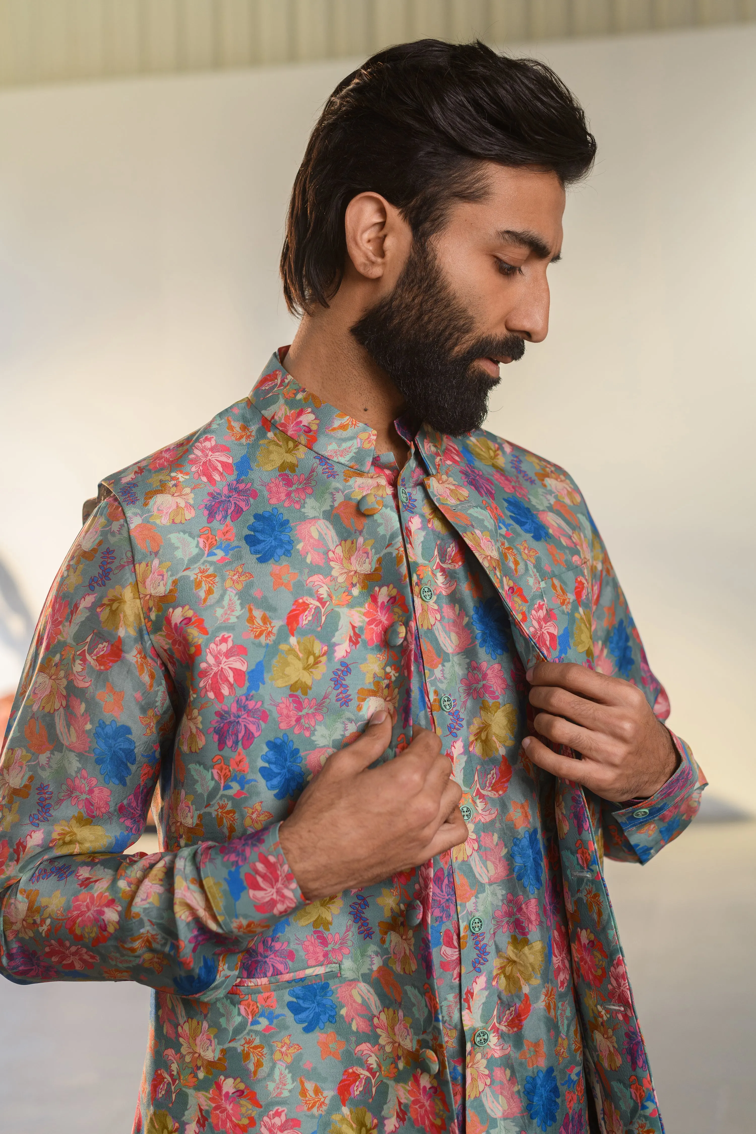 Floral Steel Grey Kurta - Russian Silk - Kurta Bandi Set