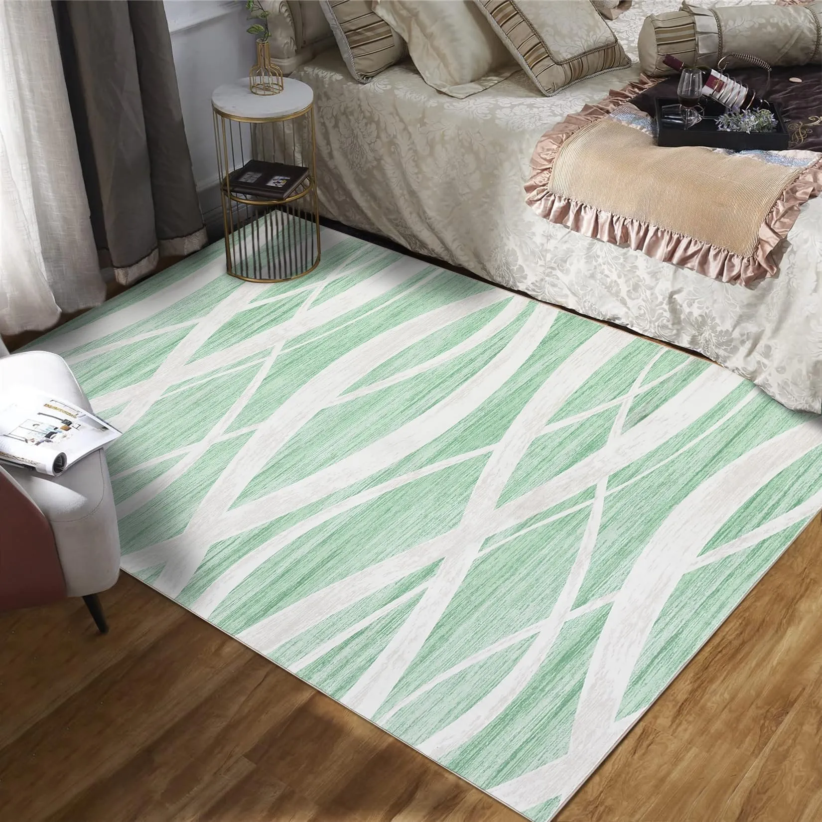 GARVEE Modern Area Rug 8x10 Area Rugs for Living Room Indoor Soft Washable Rug Non-Slip Print Rugs for Bedroom Wave Distressed Floor Carpet Low Pile Foldable Rug for Dining Office Nursery Green