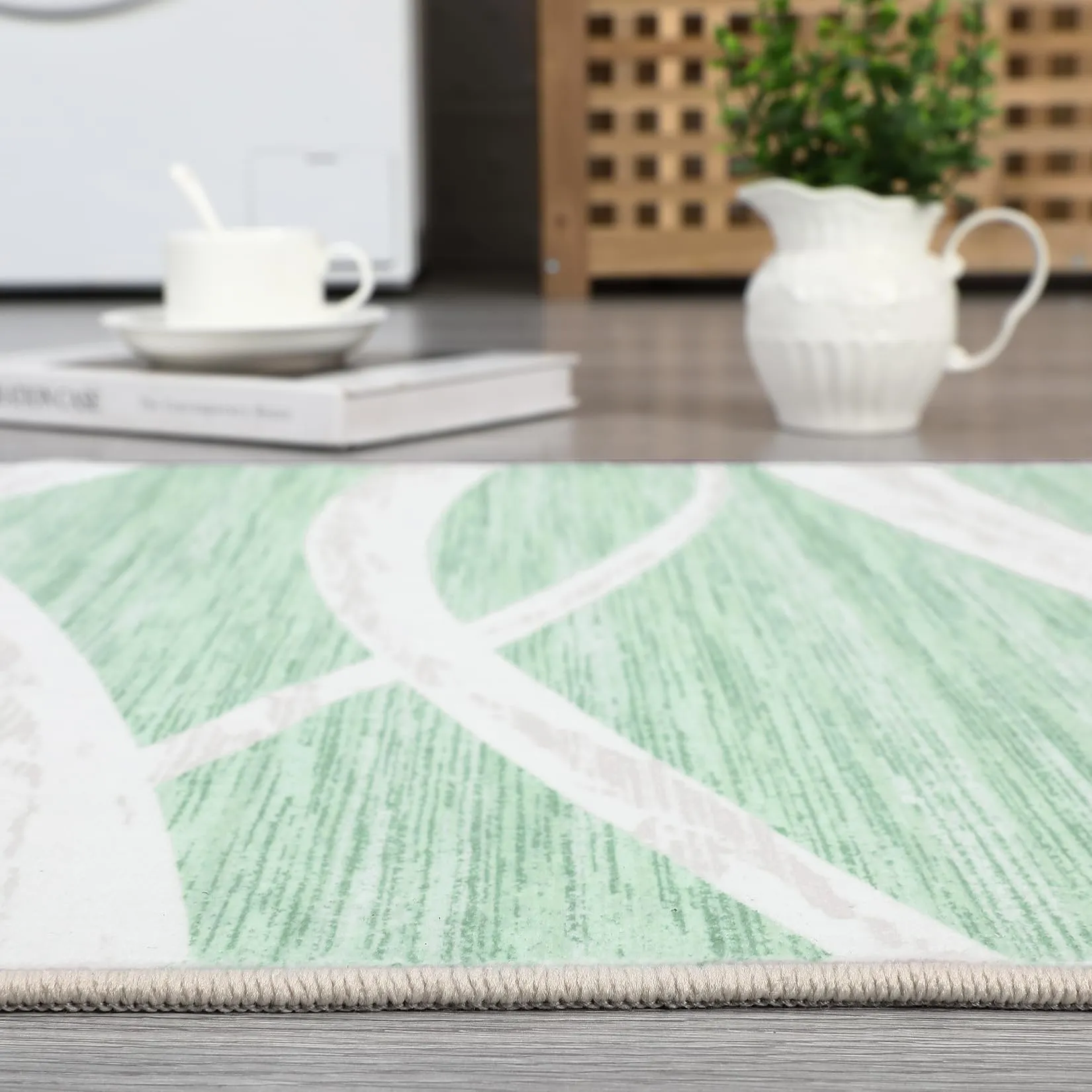 GARVEE Modern Area Rug 8x10 Area Rugs for Living Room Indoor Soft Washable Rug Non-Slip Print Rugs for Bedroom Wave Distressed Floor Carpet Low Pile Foldable Rug for Dining Office Nursery Green