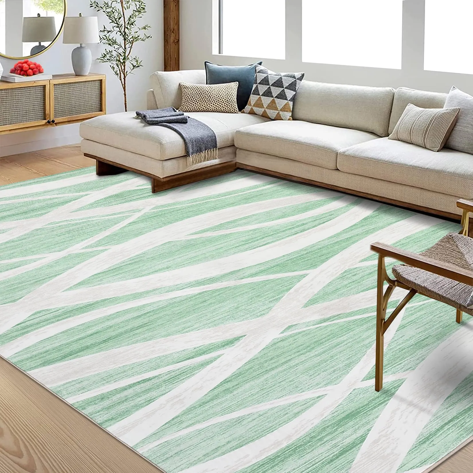 GARVEE Modern Area Rug 8x10 Area Rugs for Living Room Indoor Soft Washable Rug Non-Slip Print Rugs for Bedroom Wave Distressed Floor Carpet Low Pile Foldable Rug for Dining Office Nursery Green