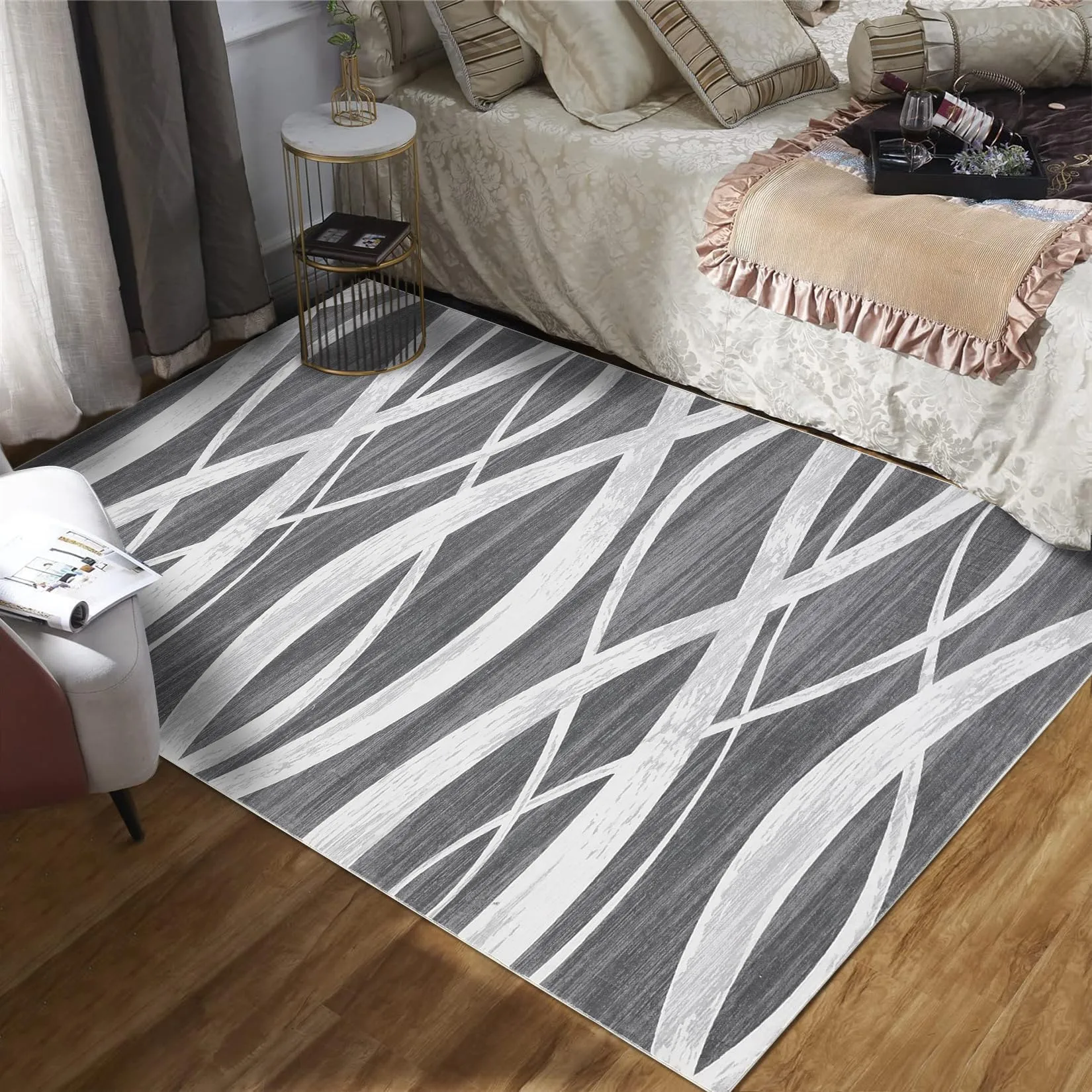 GARVEE Modern Area Rug 8x10 Area Rugs for Living Room Indoor Soft Washable Rug Non-Slip Rugs for Bedroom Wave Distressed Floor Carpet Low Pile Foldable Rug for Dining Office Nursery Dark Grey