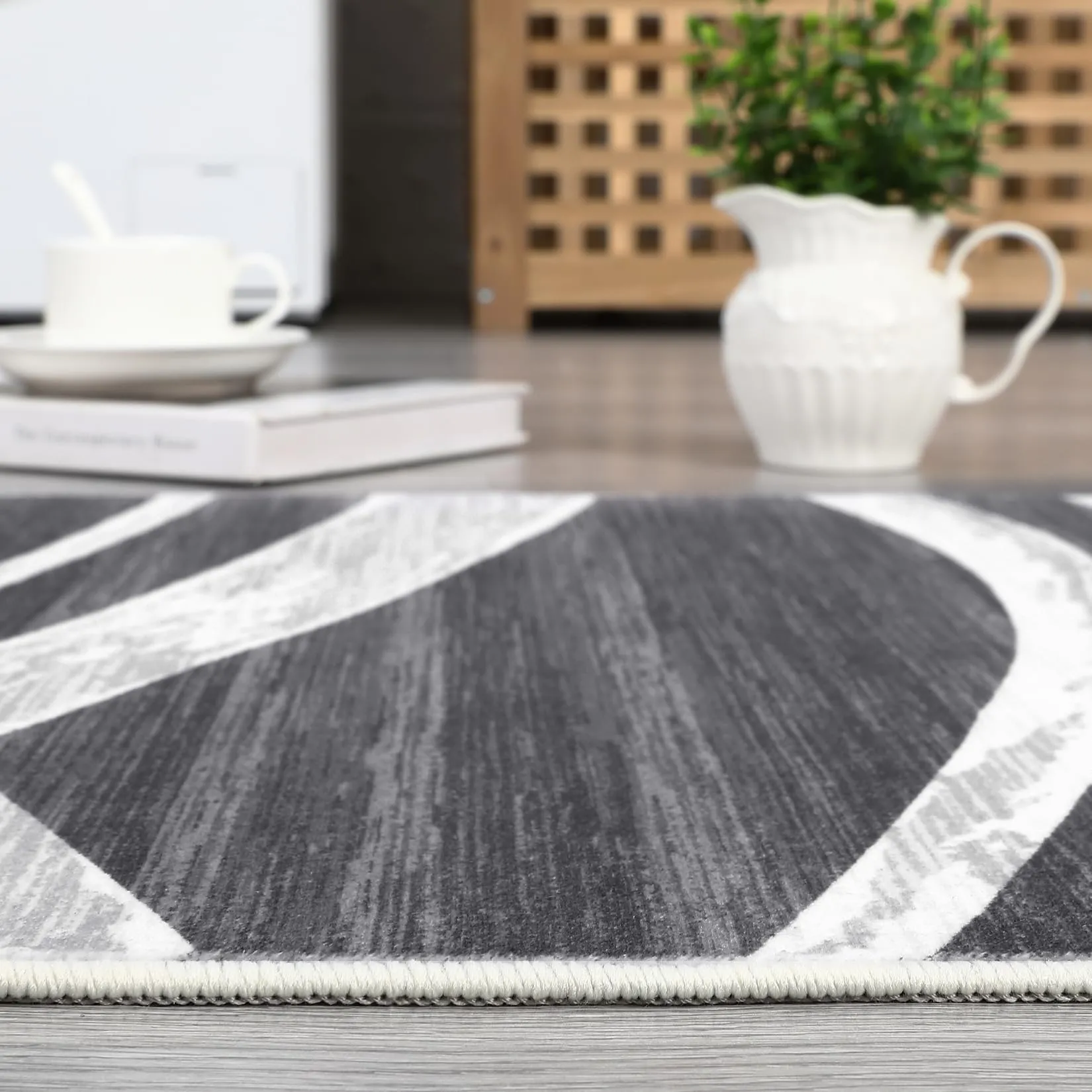 GARVEE Modern Area Rug 8x10 Area Rugs for Living Room Indoor Soft Washable Rug Non-Slip Rugs for Bedroom Wave Distressed Floor Carpet Low Pile Foldable Rug for Dining Office Nursery Dark Grey