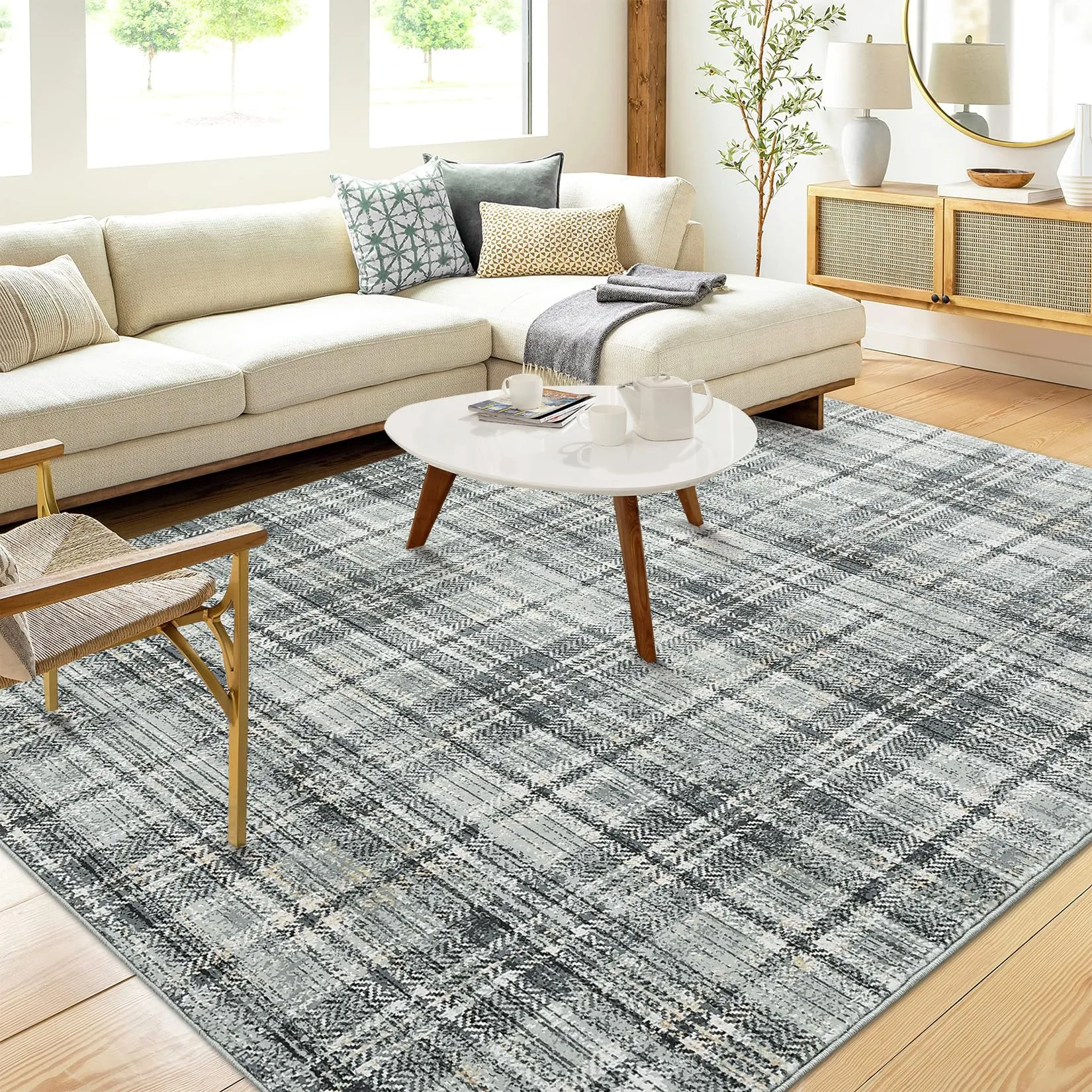 GARVEE Modern Area Rugs 4x6 Rug for Living Room Plaid Throw Rugs with Rubber Backing Washable Rugs Tartan Bedroom Rugs Soft Rug No Shedding Floor Mats for Entryway Office Rug Greenish Grey 4'x6'