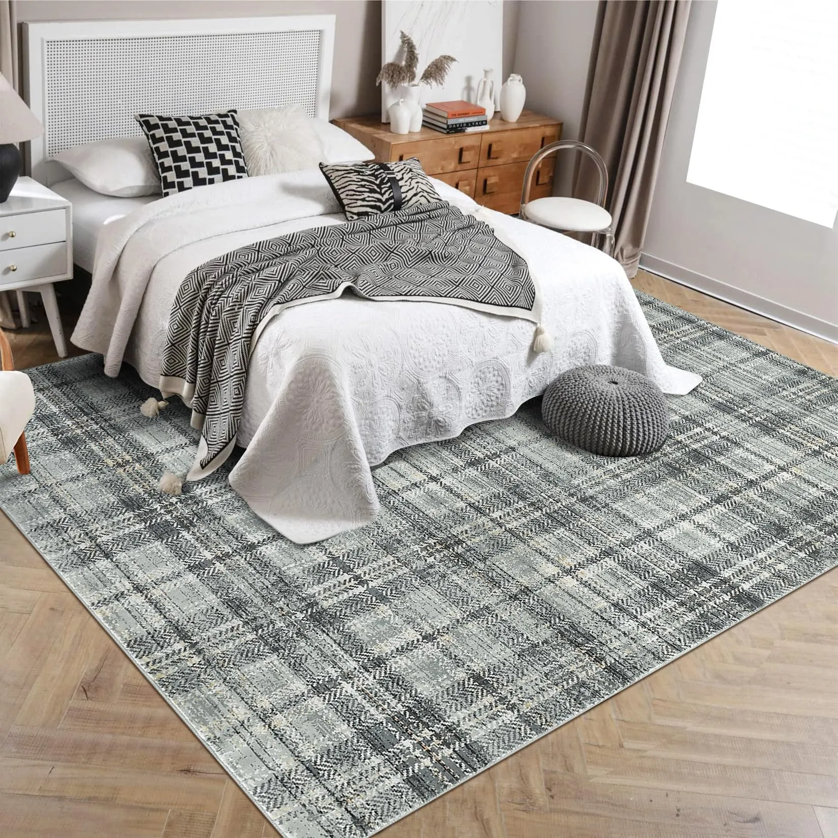 GARVEE Modern Area Rugs 4x6 Rug for Living Room Plaid Throw Rugs with Rubber Backing Washable Rugs Tartan Bedroom Rugs Soft Rug No Shedding Floor Mats for Entryway Office Rug Greenish Grey 4'x6'