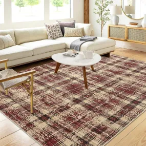 GARVEE Modern Rug 5x7 Area Rugs Washable Rugs for Living Room Plaid Area Rugs Farmhouse Rug Low Pile Bedroom Rug Ultra Soft Carpet Tartan Non Slip Throw Rugs for Office Classroom Dining Room Red