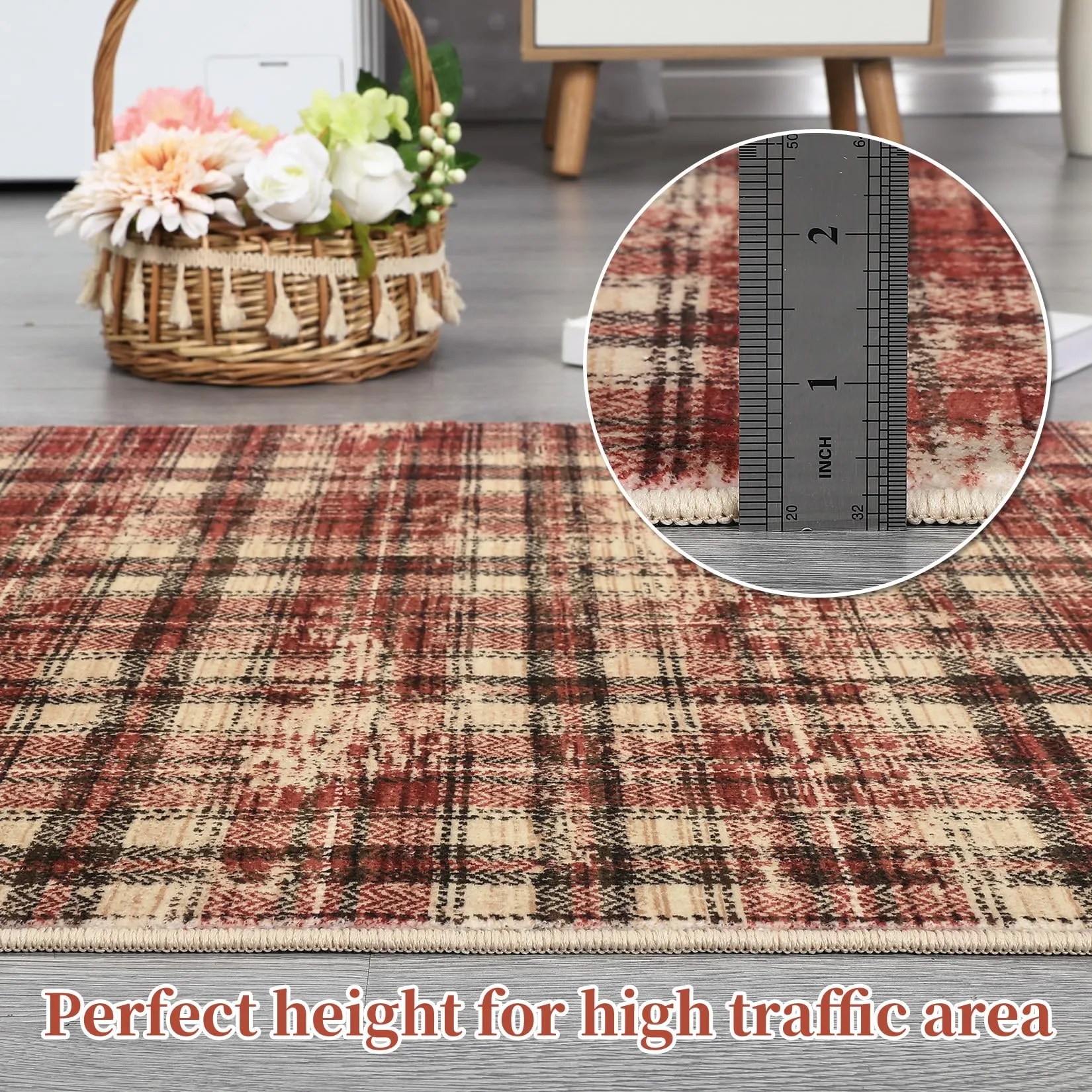 GARVEE Modern Rug 5x7 Area Rugs Washable Rugs for Living Room Plaid Area Rugs Farmhouse Rug Low Pile Bedroom Rug Ultra Soft Carpet Tartan Non Slip Throw Rugs for Office Classroom Dining Room Red