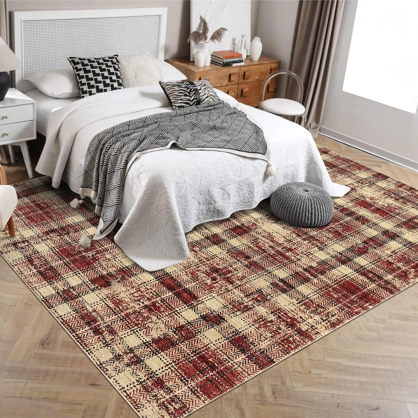 GARVEE Modern Rug 5x7 Area Rugs Washable Rugs for Living Room Plaid Area Rugs Farmhouse Rug Low Pile Bedroom Rug Ultra Soft Carpet Tartan Non Slip Throw Rugs for Office Classroom Dining Room Red