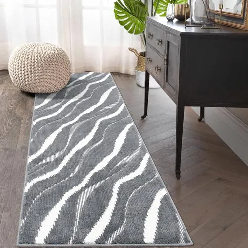 GARVEE Modern Runners for Hallways 2x8 Rug Runner Non-Slip Stain Resistant Rug Kitchen Runner Rugs Non-Skid Rug, Grey Abstract Carpet Runner for Entryway Bathroom Laundry