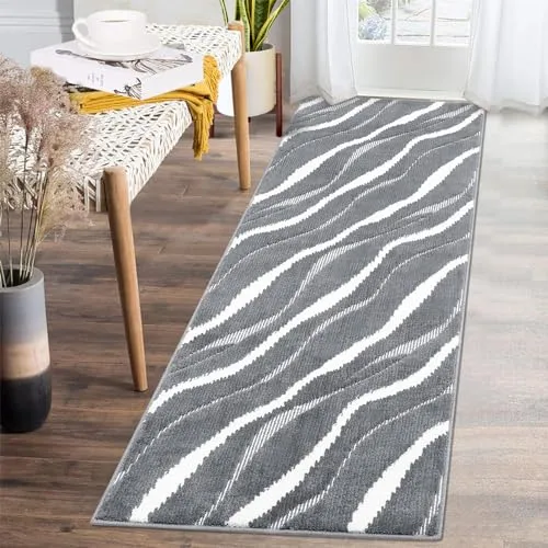 GARVEE Modern Runners for Hallways 2x8 Rug Runner Non-Slip Stain Resistant Rug Kitchen Runner Rugs Non-Skid Rug, Grey Abstract Carpet Runner for Entryway Bathroom Laundry