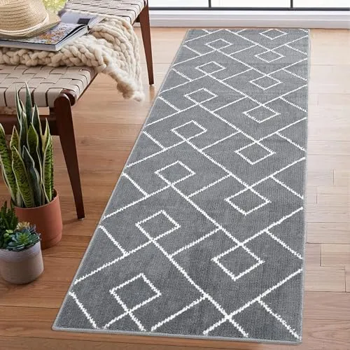 GARVEE Modern Runners for Hallways 2x8 Rug Runner Premium Non-Slip Stain-Resistant Rug Kitchen Runner Rugs Non-Skid Rug Grey Trellis Carpet Runner for Entryway Bathroom Laundry