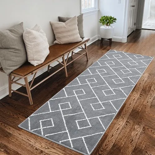 GARVEE Modern Runners for Hallways 2x8 Rug Runner Premium Non-Slip Stain-Resistant Rug Kitchen Runner Rugs Non-Skid Rug Grey Trellis Carpet Runner for Entryway Bathroom Laundry