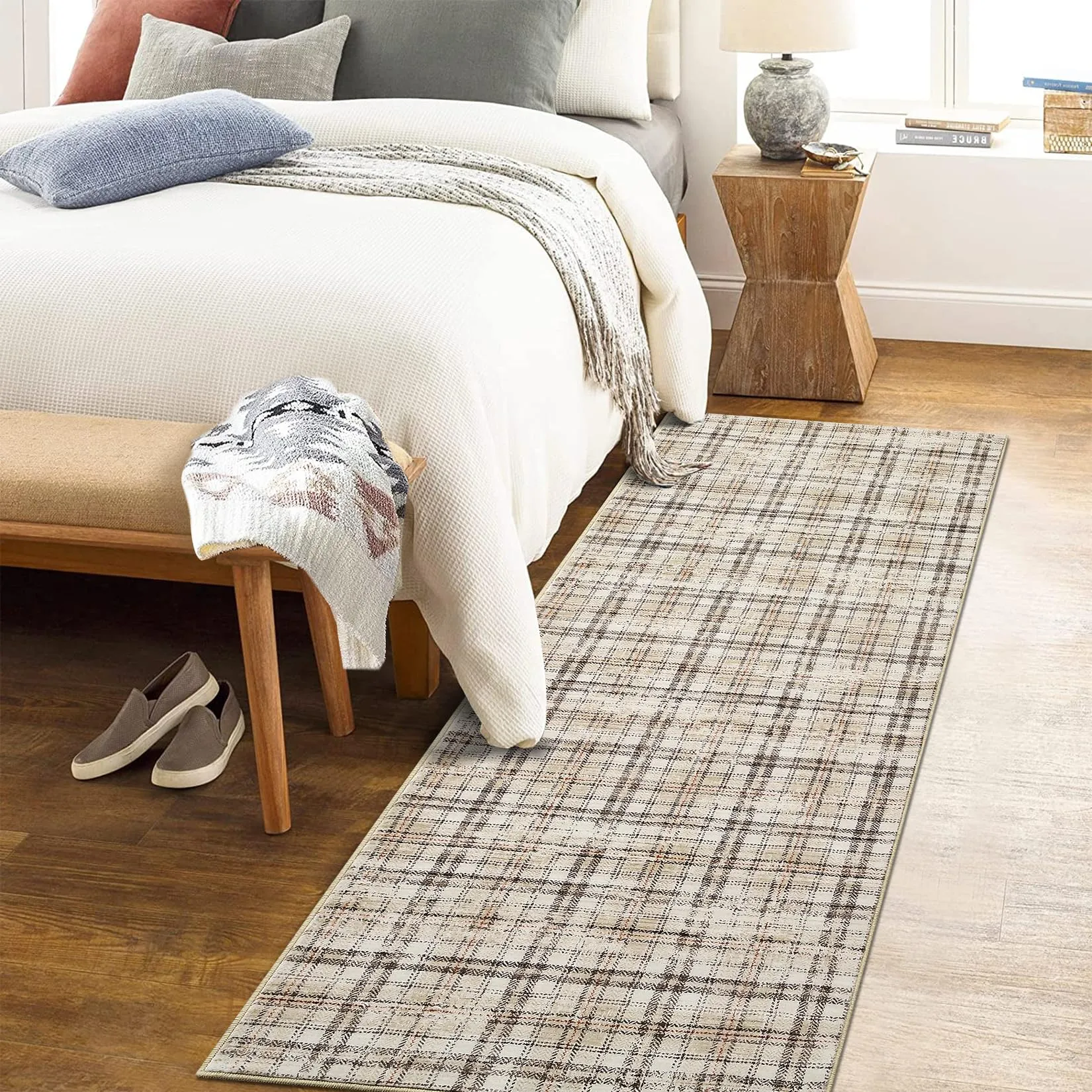 GARVEE Modern Trellis Washable Runner Rug 2x6 Farmhouse Plaid Rug Non Slip Kitchen Runner Rugs Bath Mat Tartan Soft Area Rug for Bedroom Throw Rugs for Hallway Laundry Room Entryway Rug 2'x6' Beige