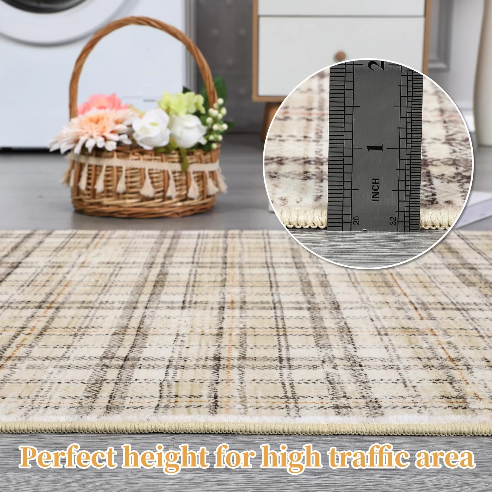 GARVEE Modern Trellis Washable Runner Rug 2x6 Farmhouse Plaid Rug Non Slip Kitchen Runner Rugs Bath Mat Tartan Soft Area Rug for Bedroom Throw Rugs for Hallway Laundry Room Entryway Rug 2'x6' Beige