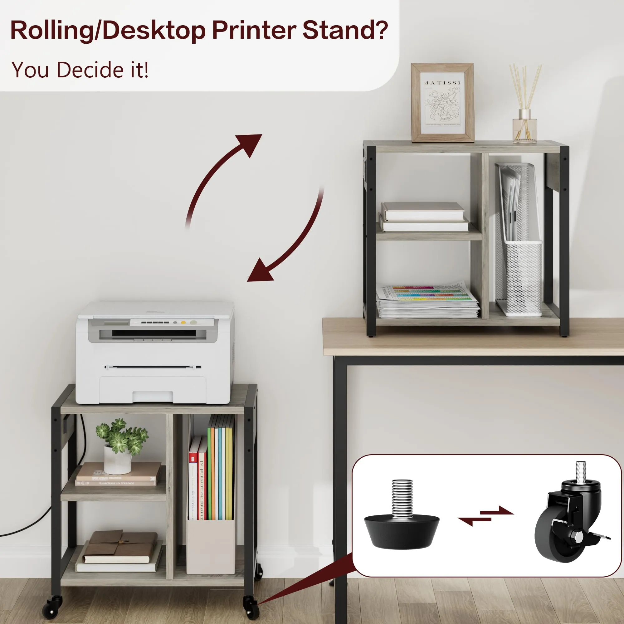 GARVEE Printer Stand with Charging Station   Home Office Desktop   3 Tier Heavy Duty   MDF Board   Rolling Casters   Rustic Grey   Small Space