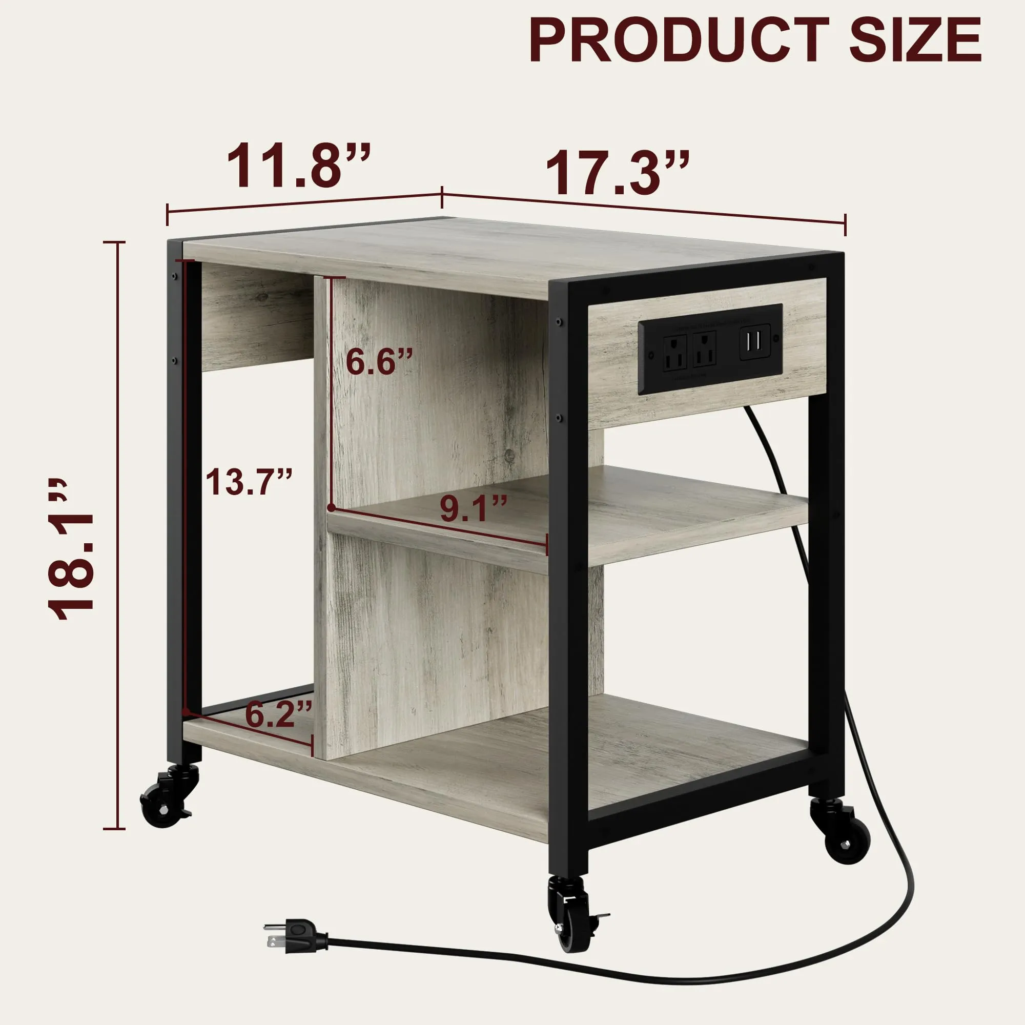 GARVEE Printer Stand with Charging Station   Home Office Desktop   3 Tier Heavy Duty   MDF Board   Rolling Casters   Rustic Grey   Small Space