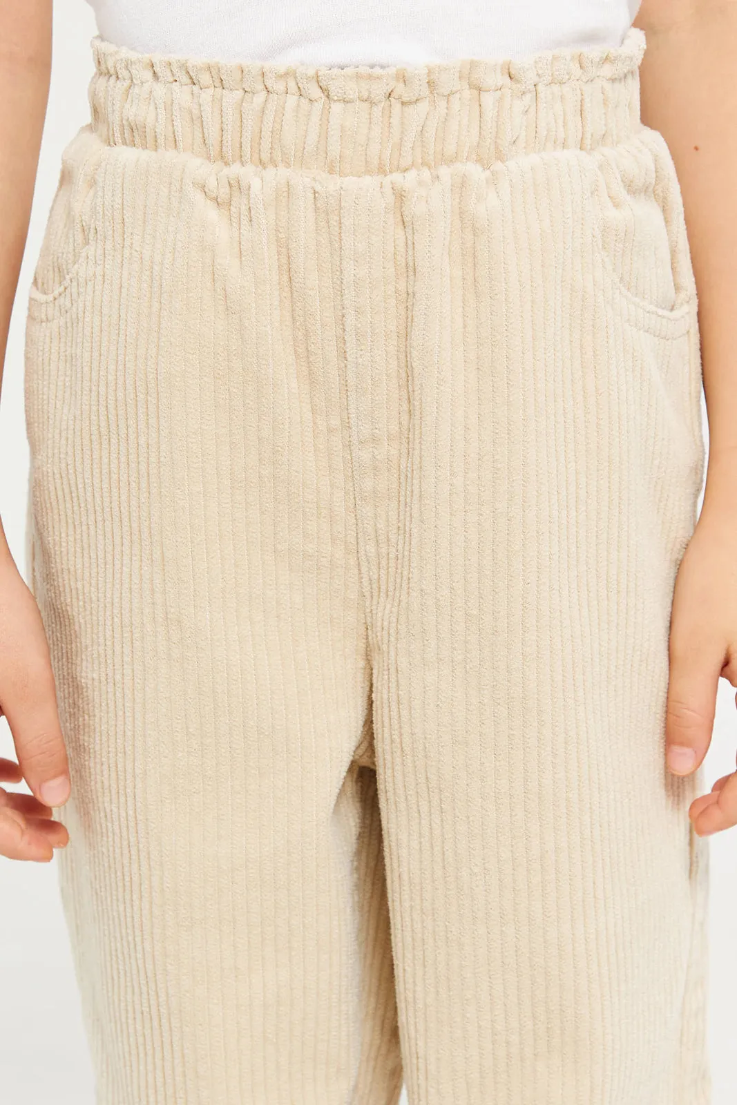 Girl Beige Elastic Waist Band Wide Leg Trouser