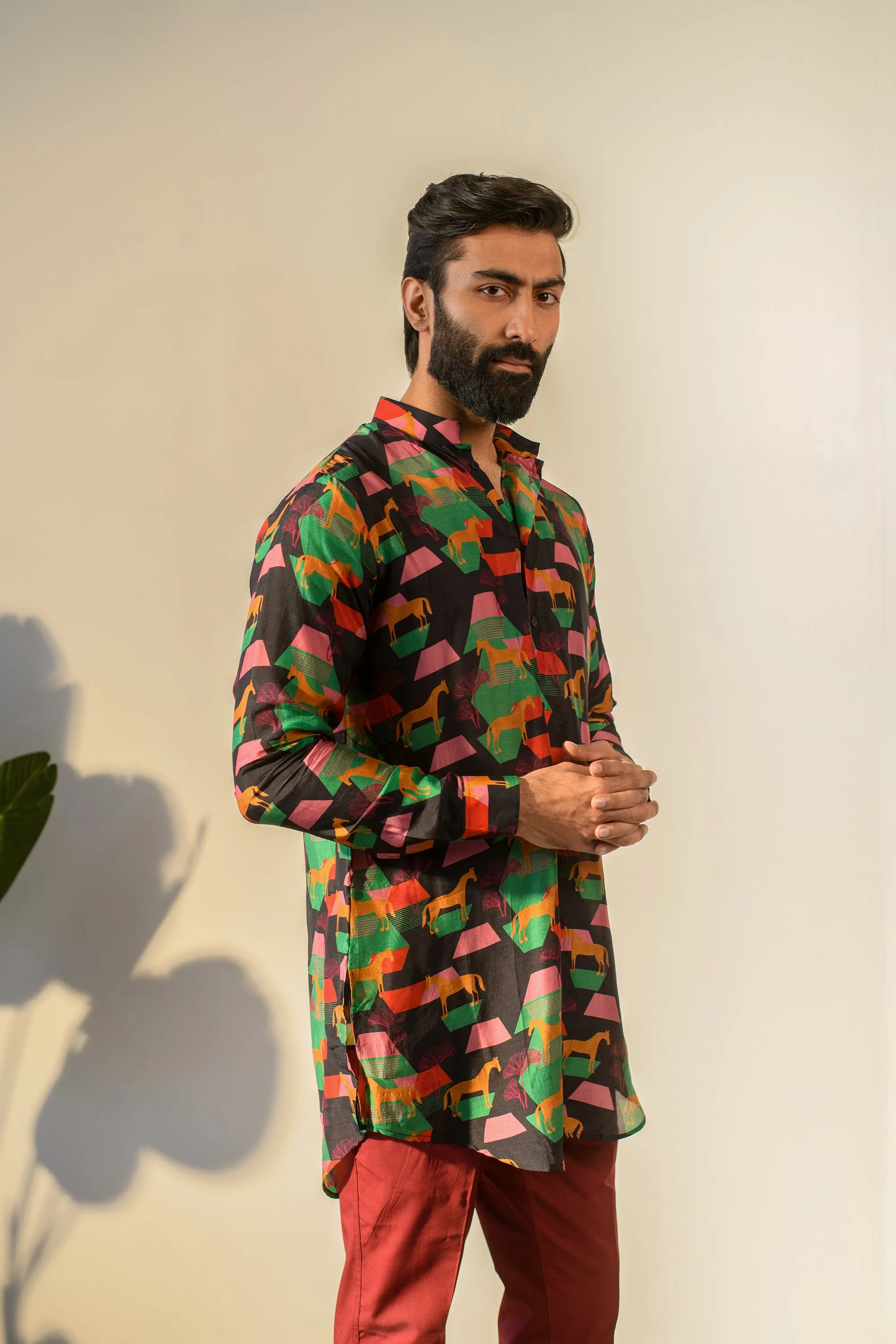 Juego Horse Black - Russian Silk- Full Button Kurta For Men