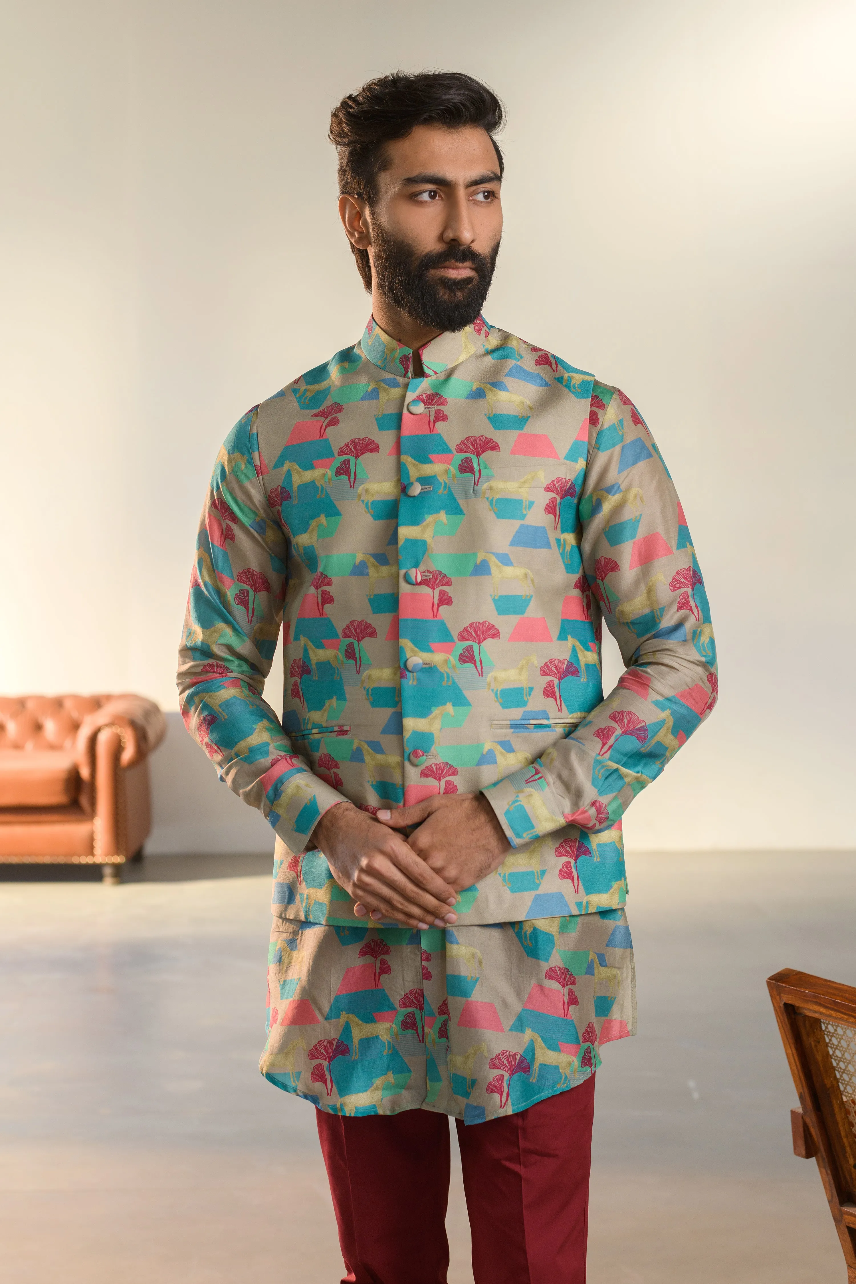 Juego  Horse Grey - Russian Silk- Kurta Jacket Set For Men