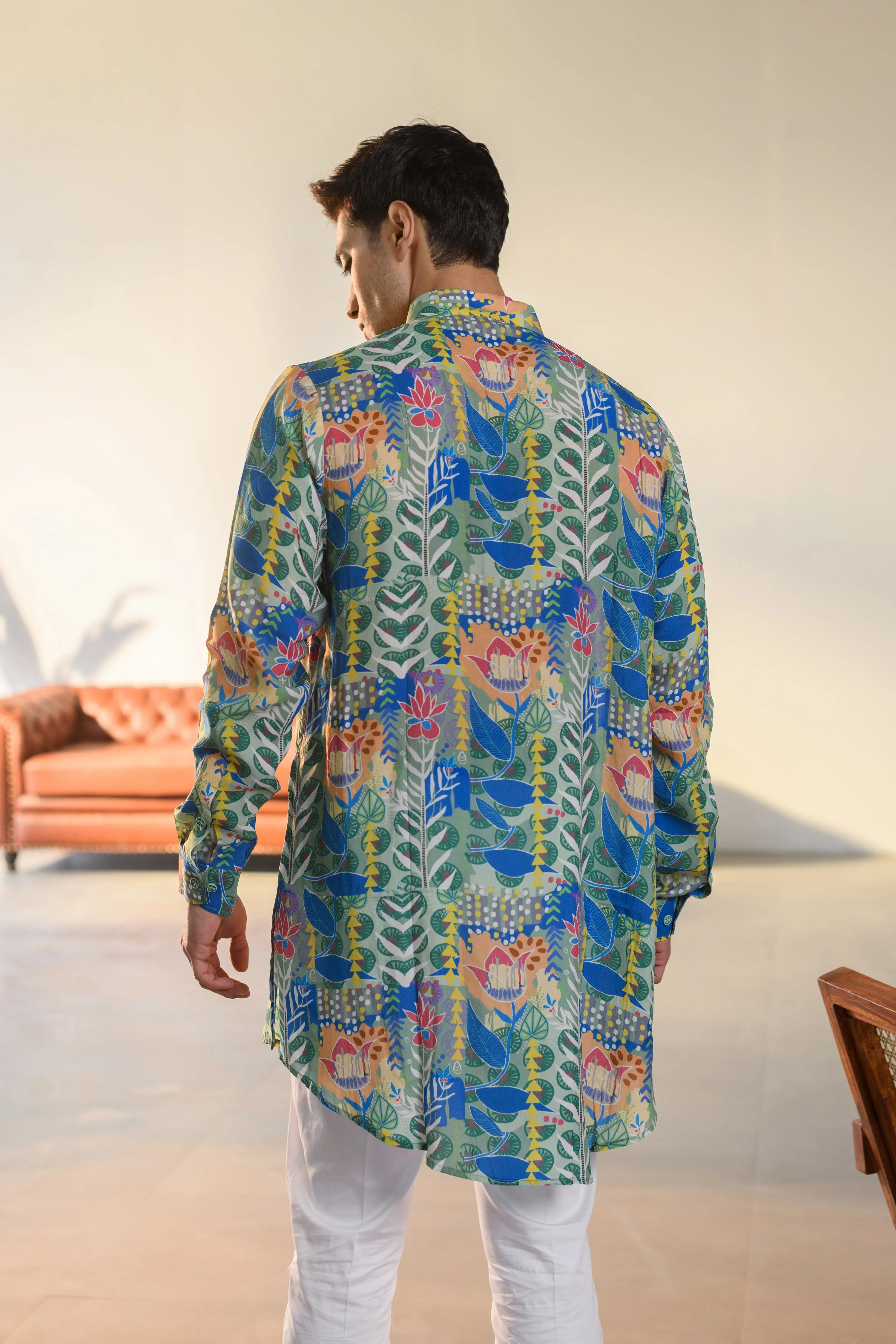 Justina Blue Floral - Russian Silk- Full Button Kurta For Men