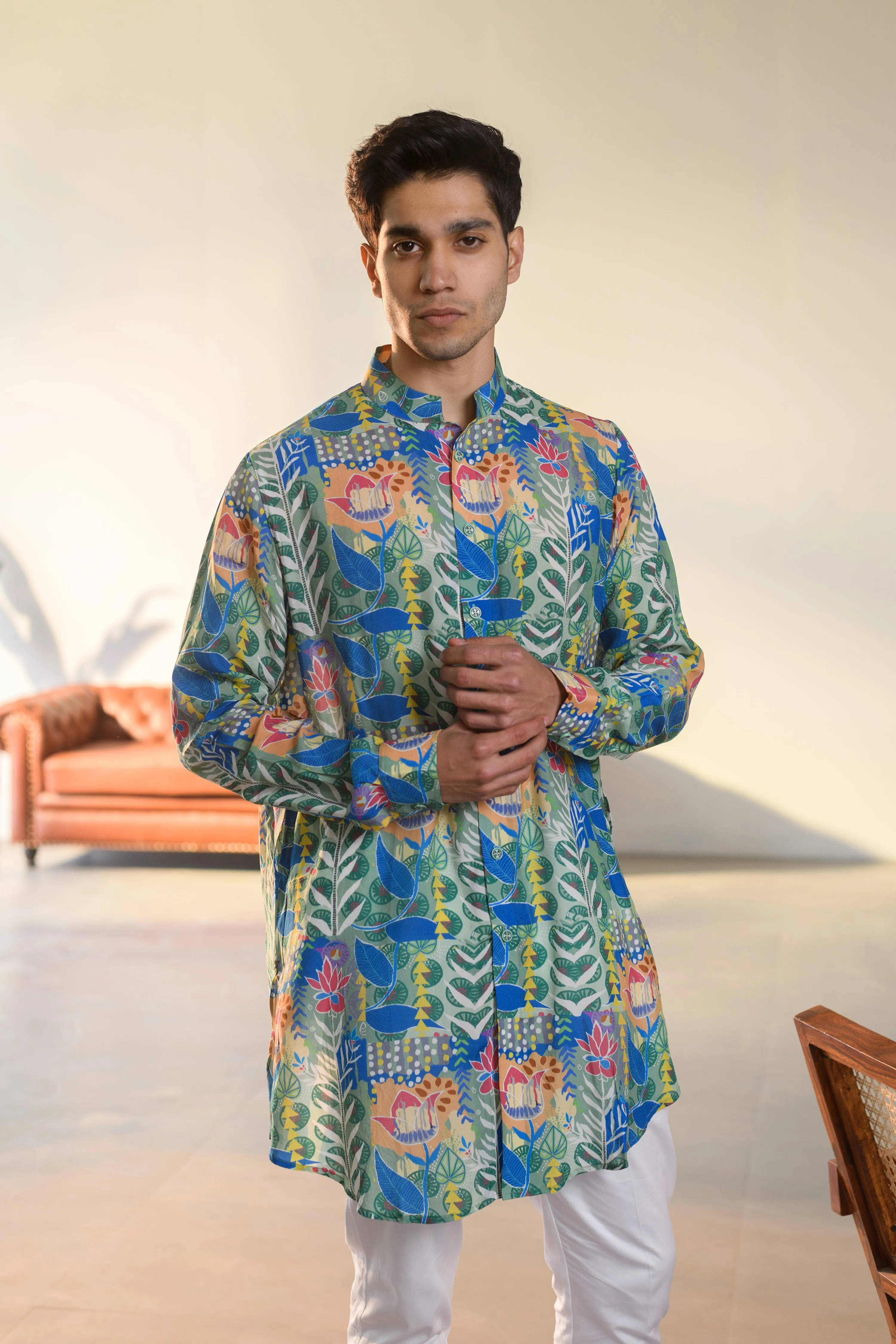 Justina Blue Floral - Russian Silk- Full Button Kurta For Men