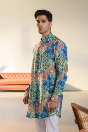 Justina Blue Floral - Russian Silk- Full Button Kurta For Men