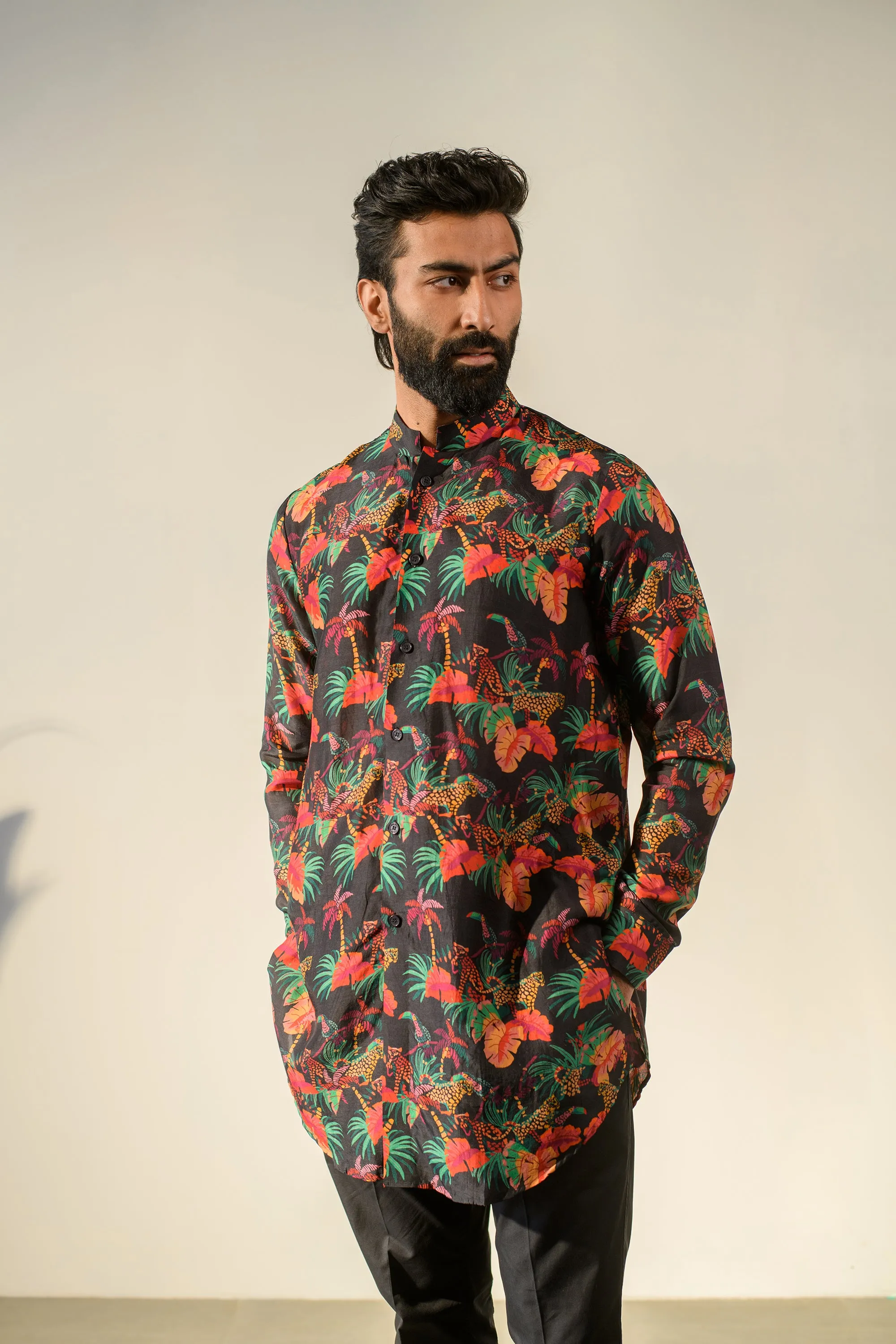 Leopard Midnight Leaflet Black - Russian Silk- Full Button Kurta For Men