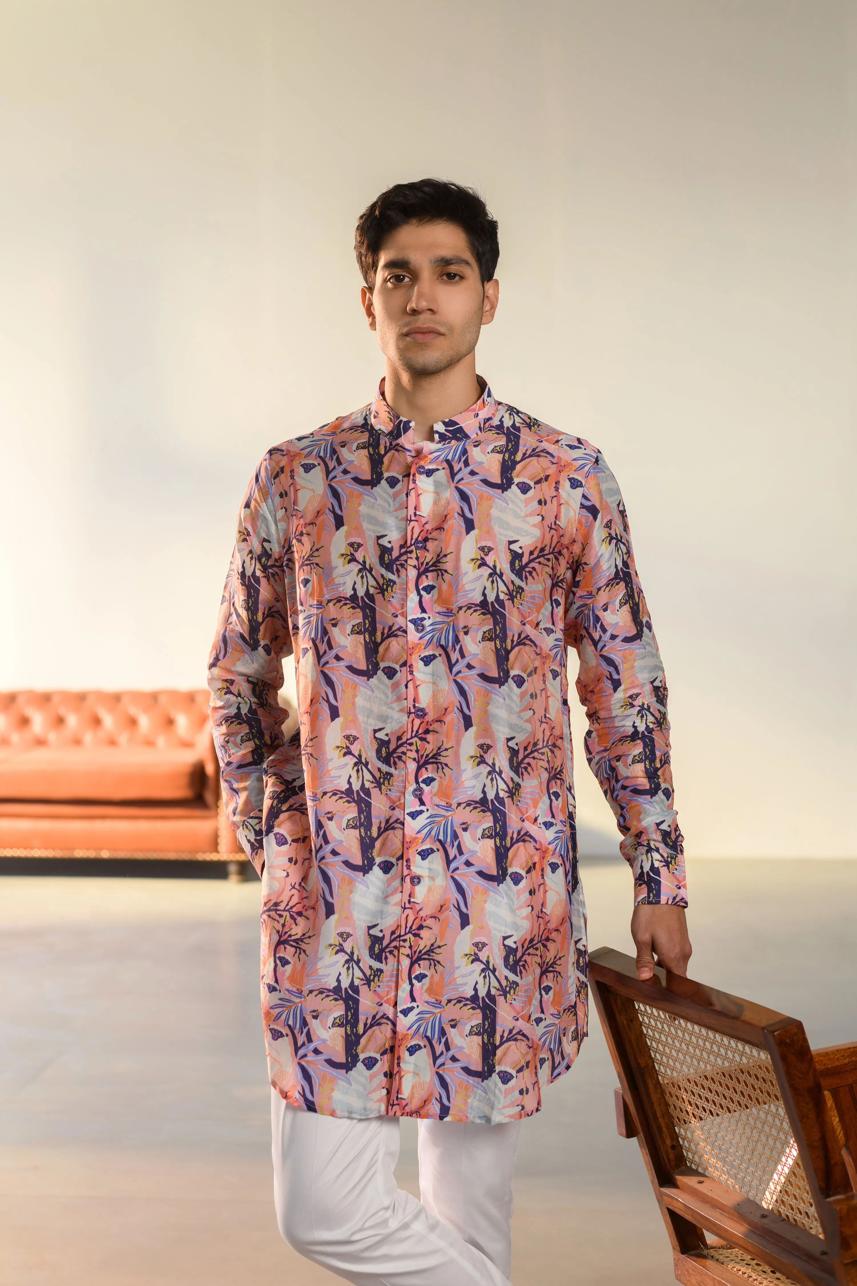 Lilly Pink Leaf - Silk - New Style Kurta For Men