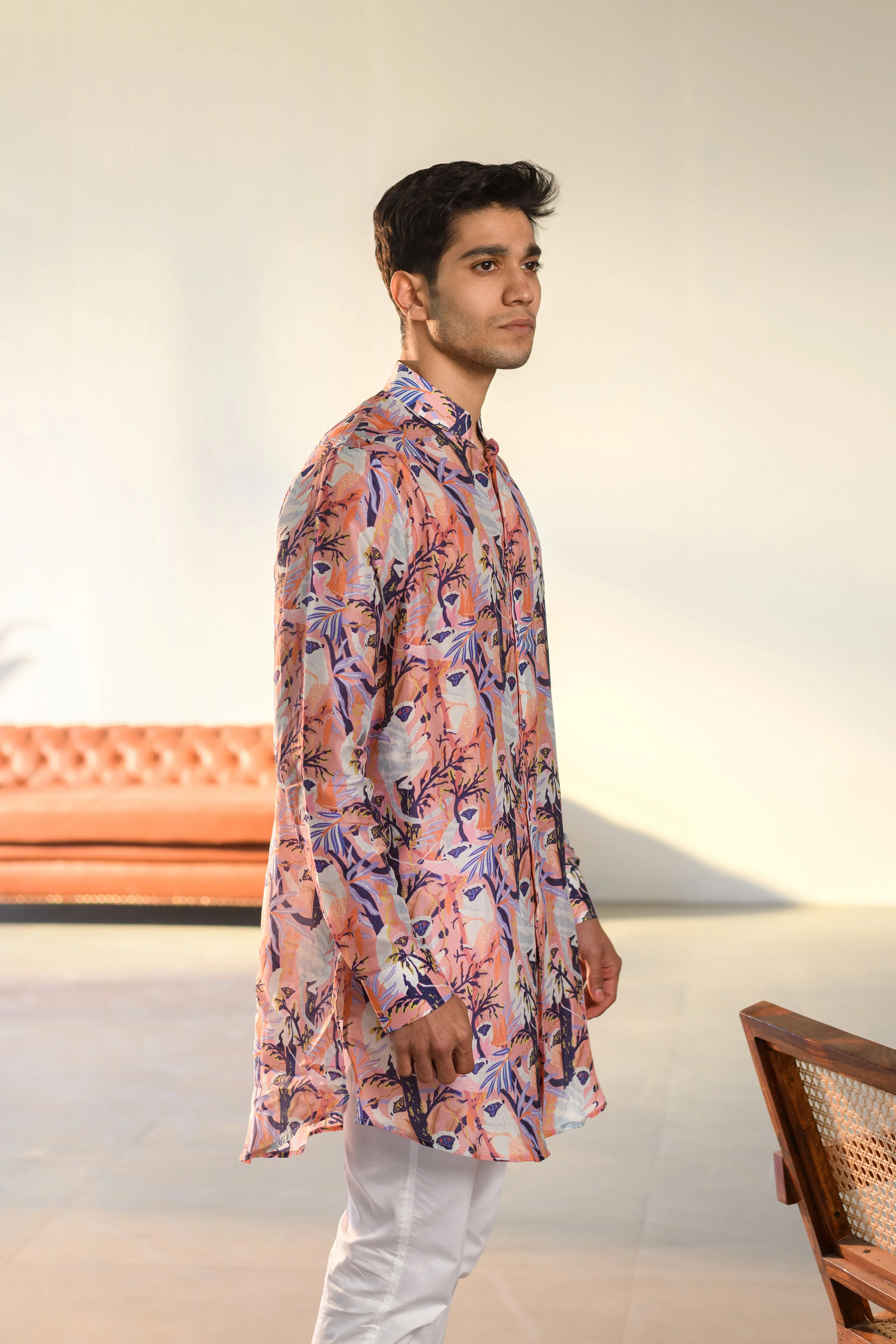 Lilly Pink Leaf - Silk - New Style Kurta For Men