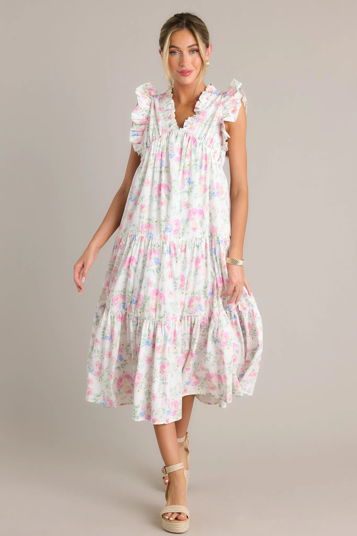 Lily Blooms 100% Cotton Ivory Floral Ruffle Sleeve Midi Dress