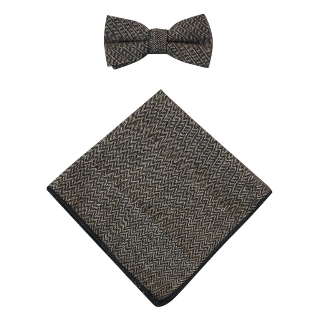 Martez - Men's Herringbone Tweed Check Bow Tie Hanky Classic Blinders