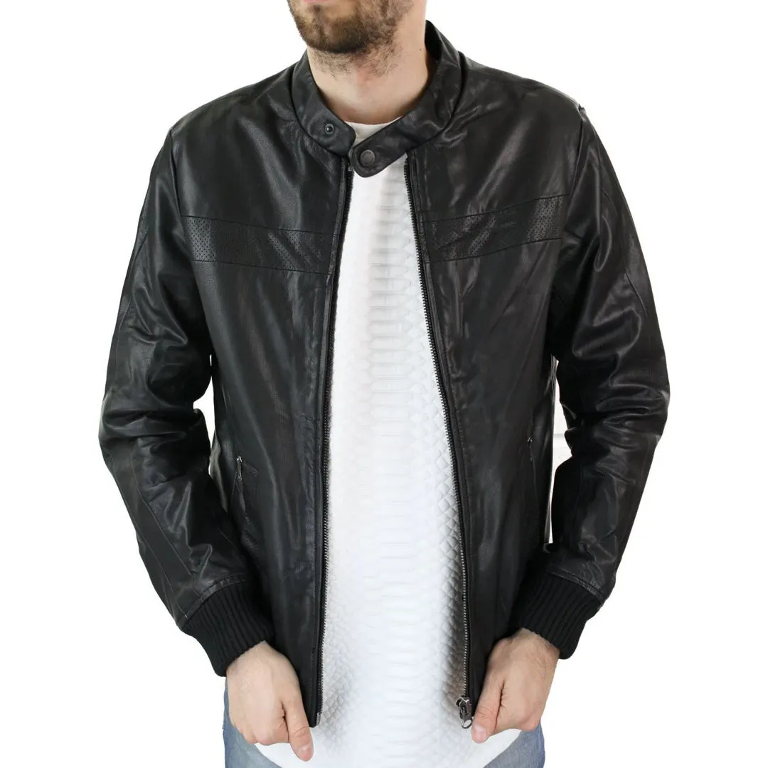 Men's Black Leather Bomber Jacket Collarless