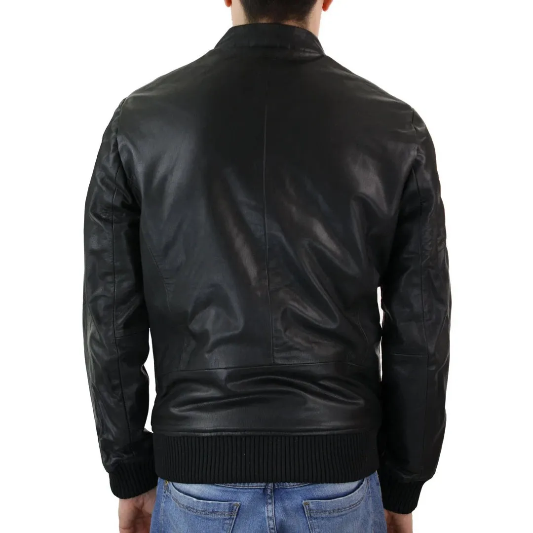 Men's Black Leather Bomber Jacket Collarless