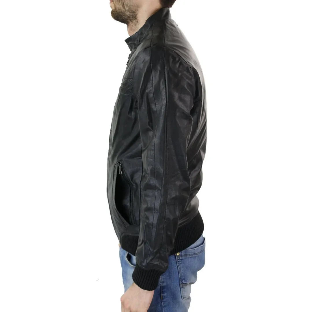 Men's Black Leather Bomber Jacket Collarless