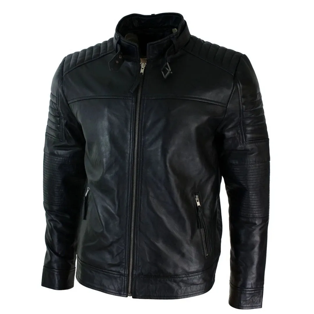 Men's Black Leather Cross Zip Biker Racer Jacket