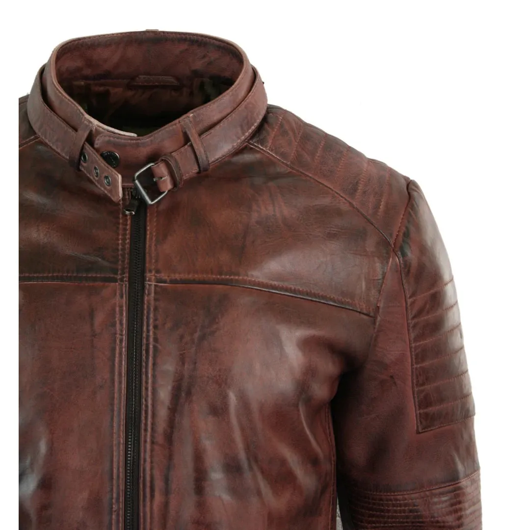 Men's Brown Leather Cross Zip Biker Racer Fitted Jacket