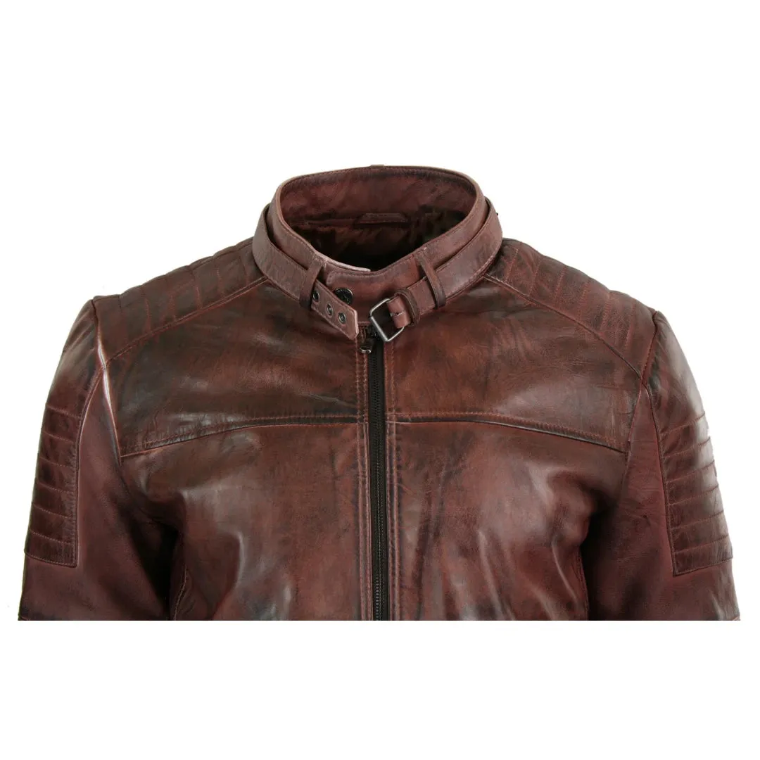 Men's Brown Leather Cross Zip Biker Racer Fitted Jacket