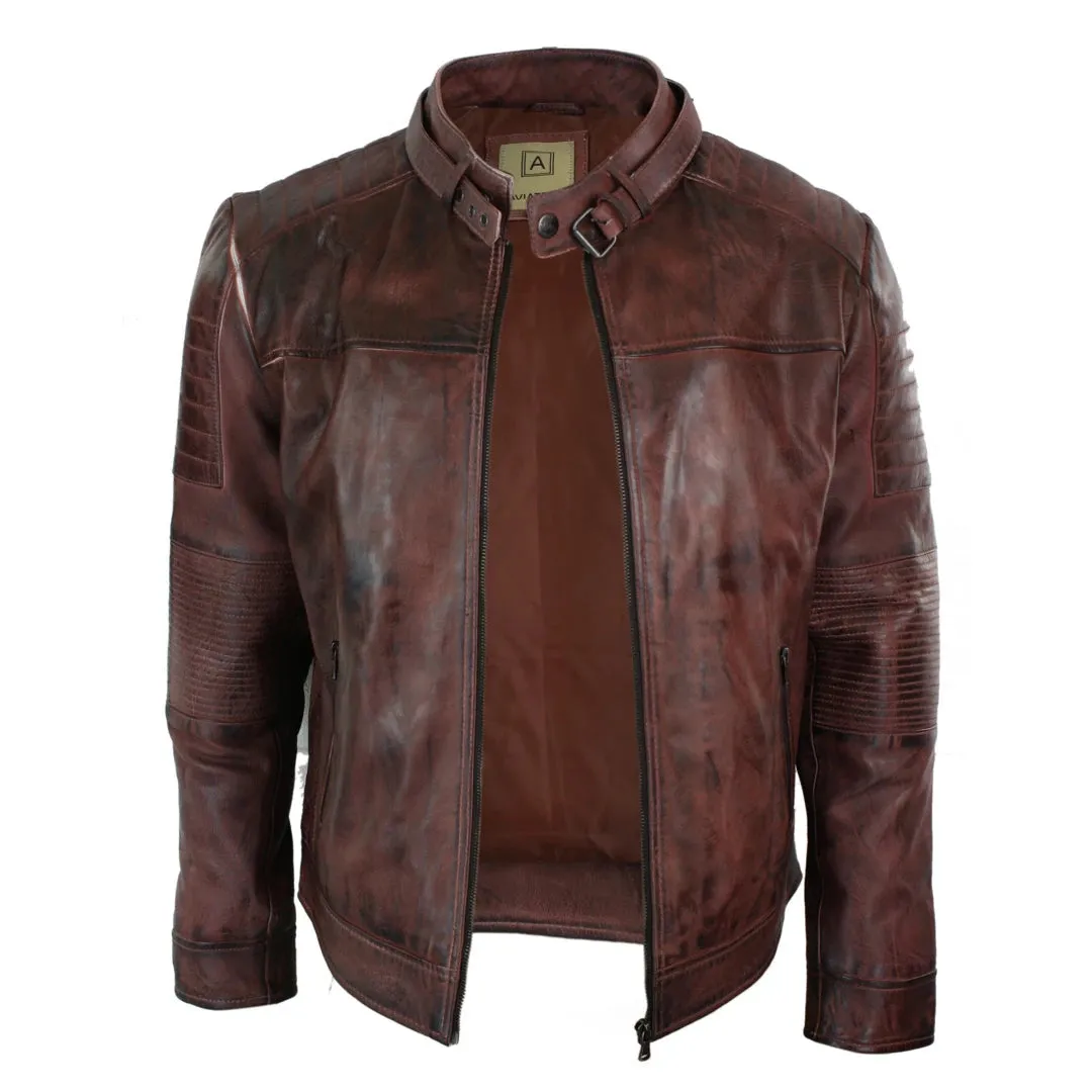 Men's Brown Leather Cross Zip Biker Racer Fitted Jacket