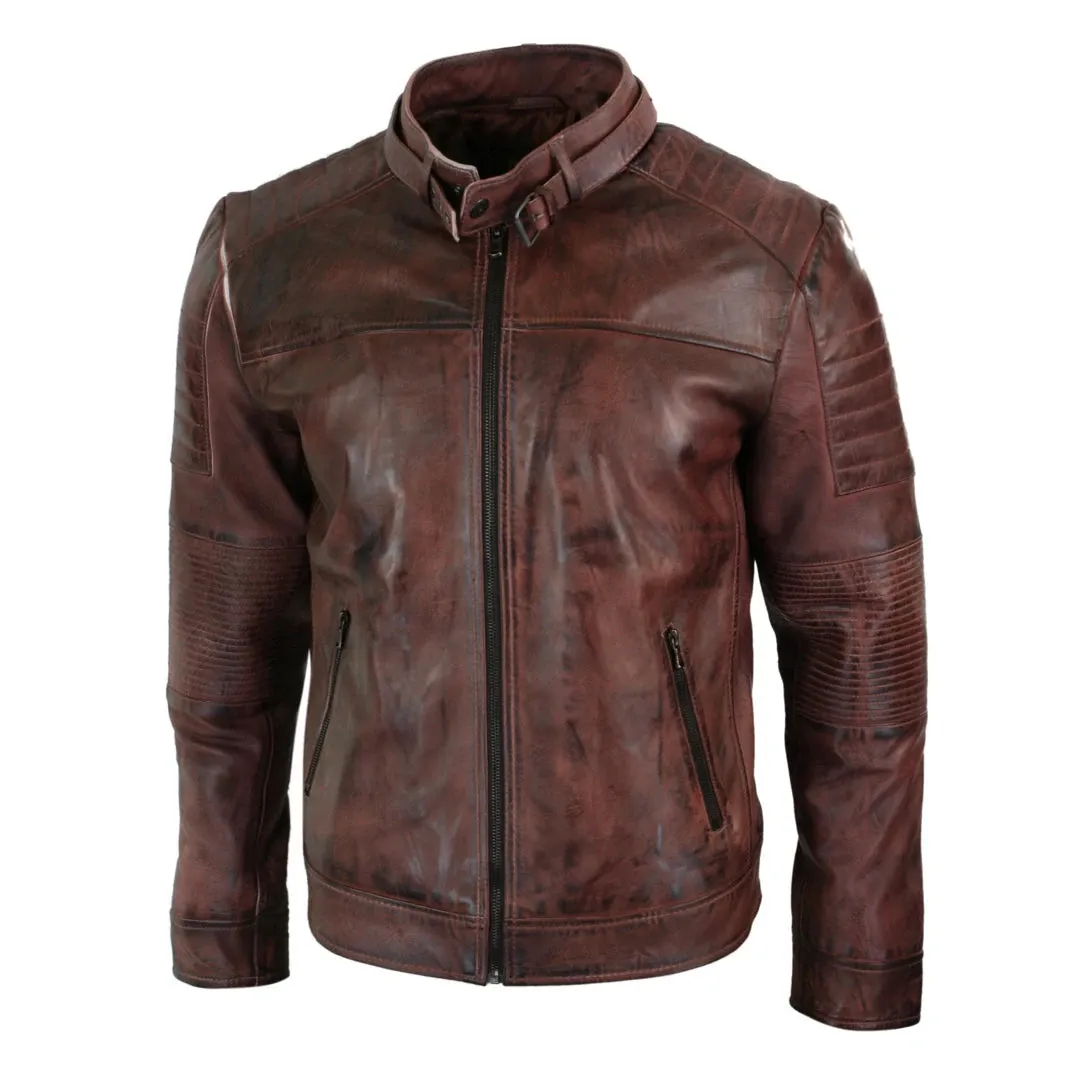 Men's Brown Leather Cross Zip Biker Racer Fitted Jacket