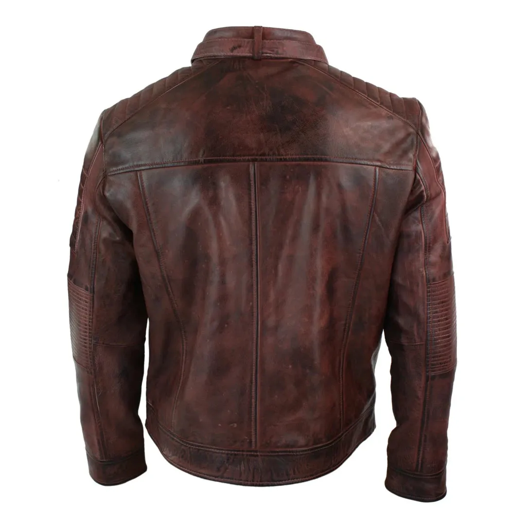 Men's Brown Leather Cross Zip Biker Racer Fitted Jacket