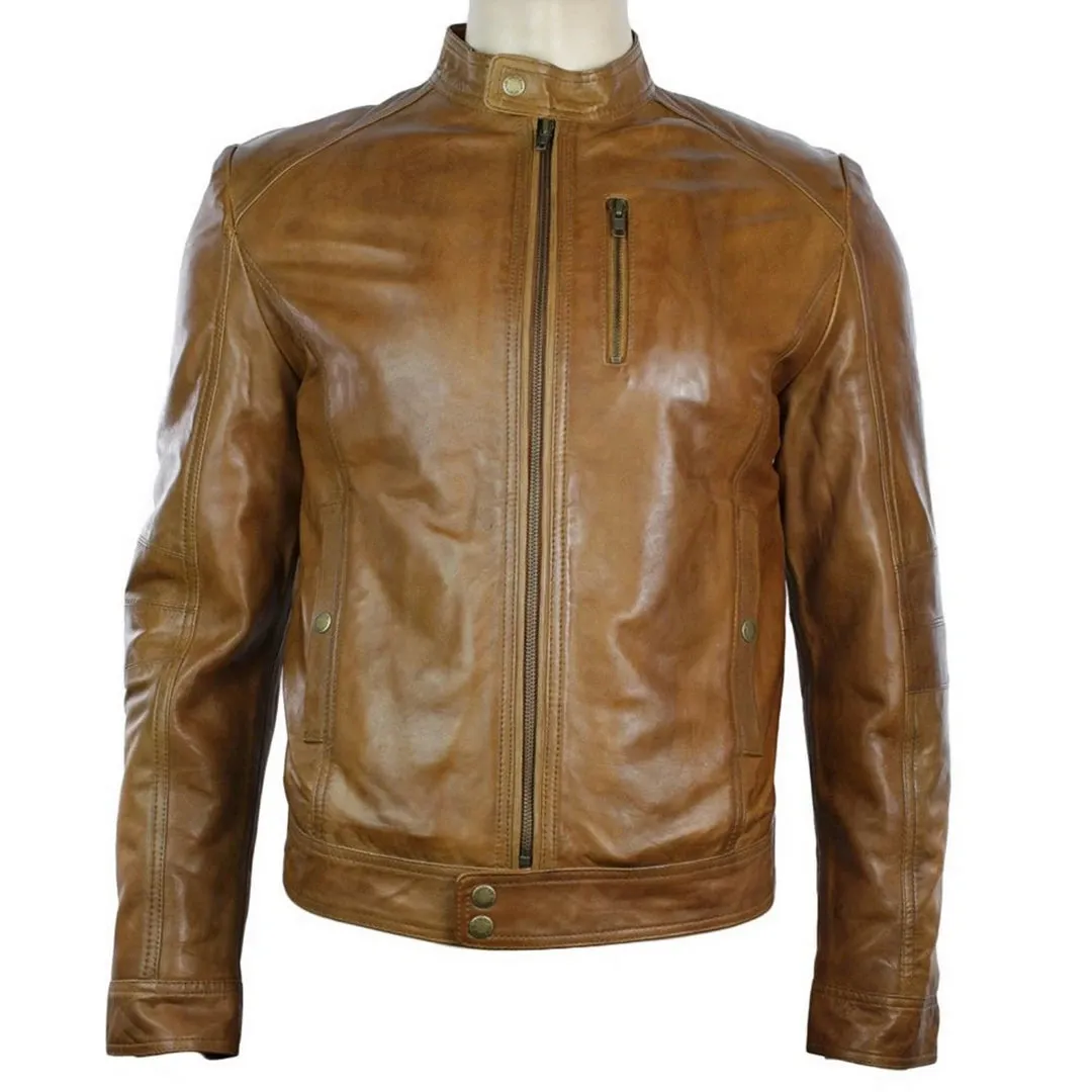 Men's Leather Biker jacket Black Brown Zipped Nehru