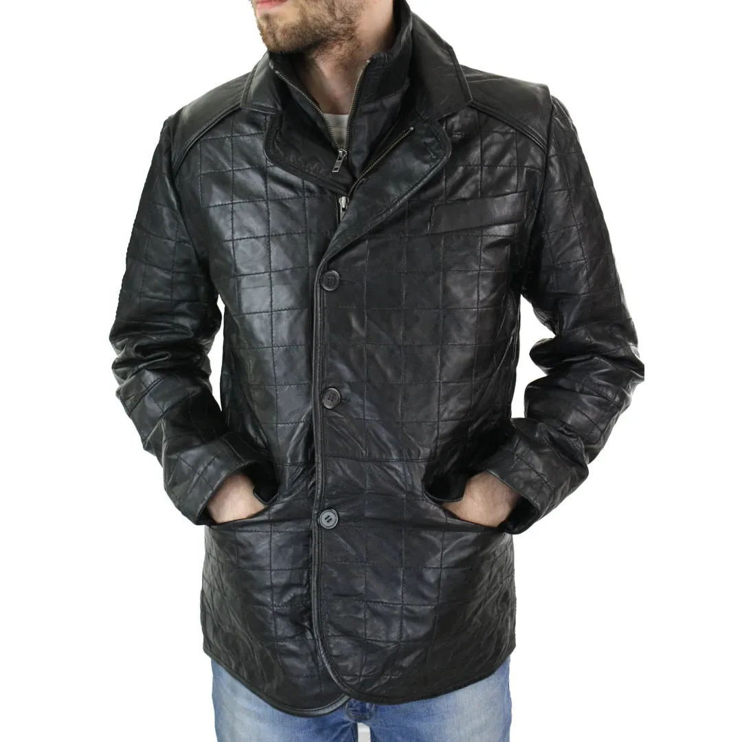 Men's Smart Casual Real Leather Blazer Quilted Black Jacket Coat