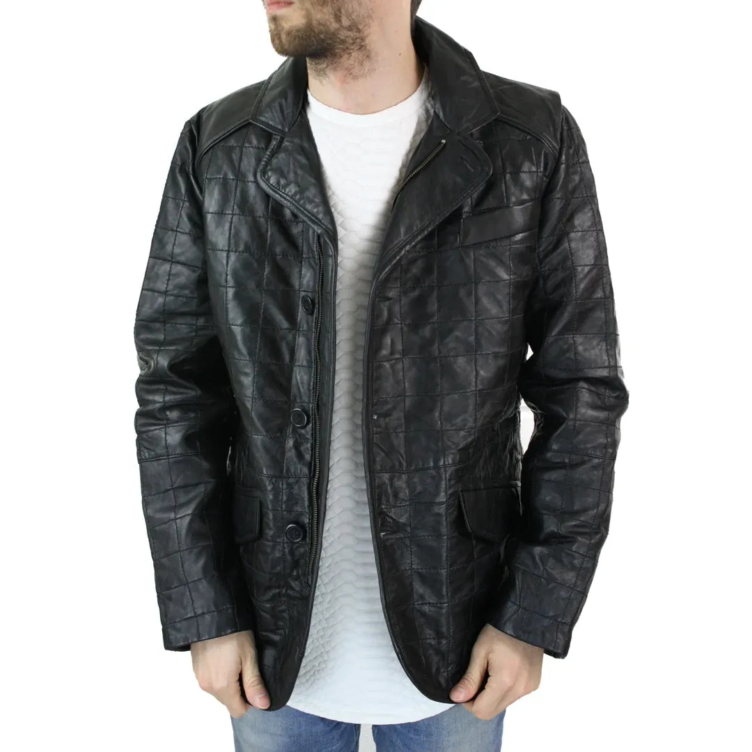 Men's Smart Casual Real Leather Blazer Quilted Black Jacket Coat