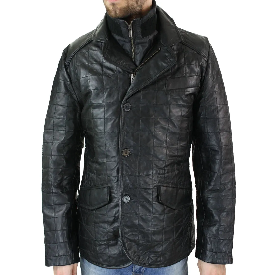 Men's Smart Casual Real Leather Blazer Quilted Black Jacket Coat