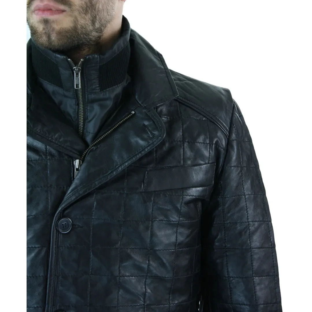 Men's Smart Casual Real Leather Blazer Quilted Black Jacket Coat