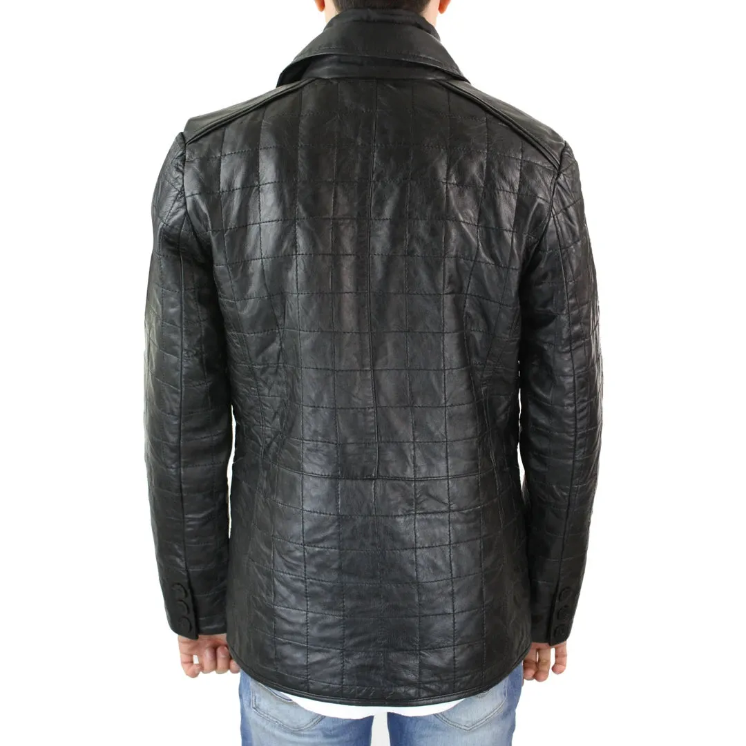 Men's Smart Casual Real Leather Blazer Quilted Black Jacket Coat