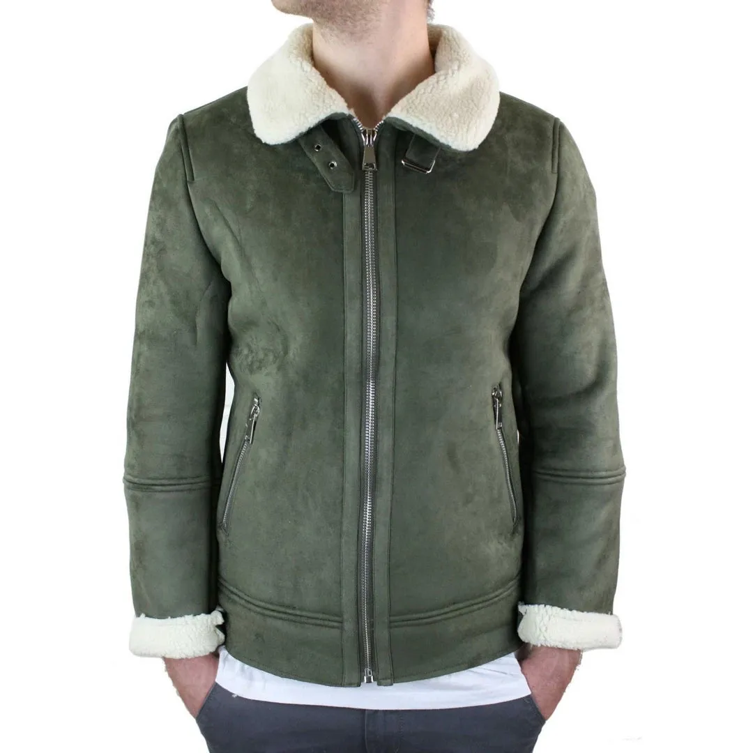 Men's Suede Sheepskin Faux Fur B3 Aviator Flying Jacket Cross Zip RAF