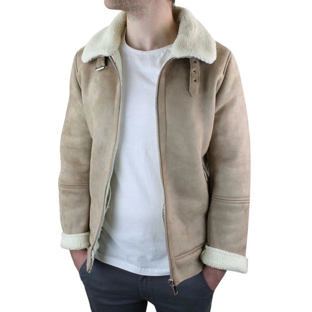 Men's Suede Sheepskin Faux Fur B3 Aviator Flying Jacket Cross Zip RAF