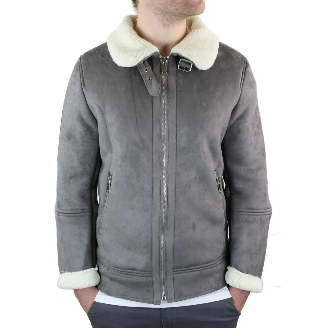 Men's Suede Sheepskin Faux Fur B3 Aviator Flying Jacket Cross Zip RAF