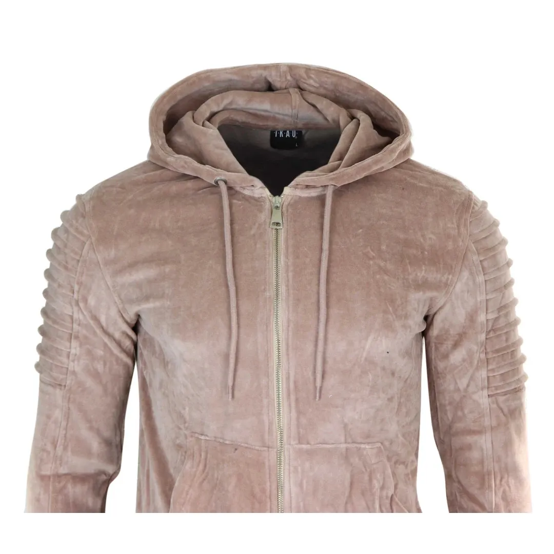 Men's Velvet Hood Zip Biker Jumper Top Warm Peach Beige