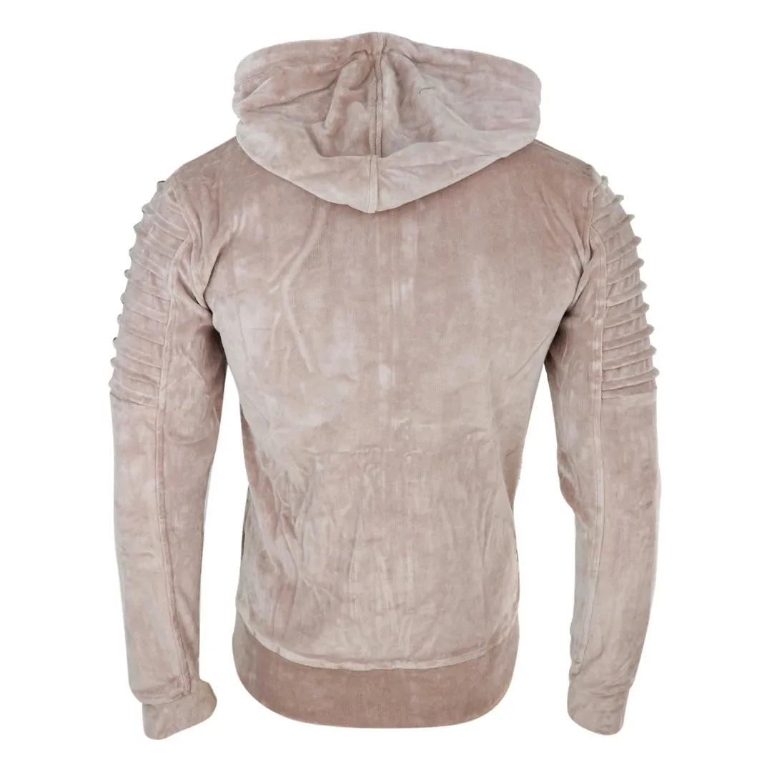 Men's Velvet Hood Zip Biker Jumper Top Warm Peach Beige